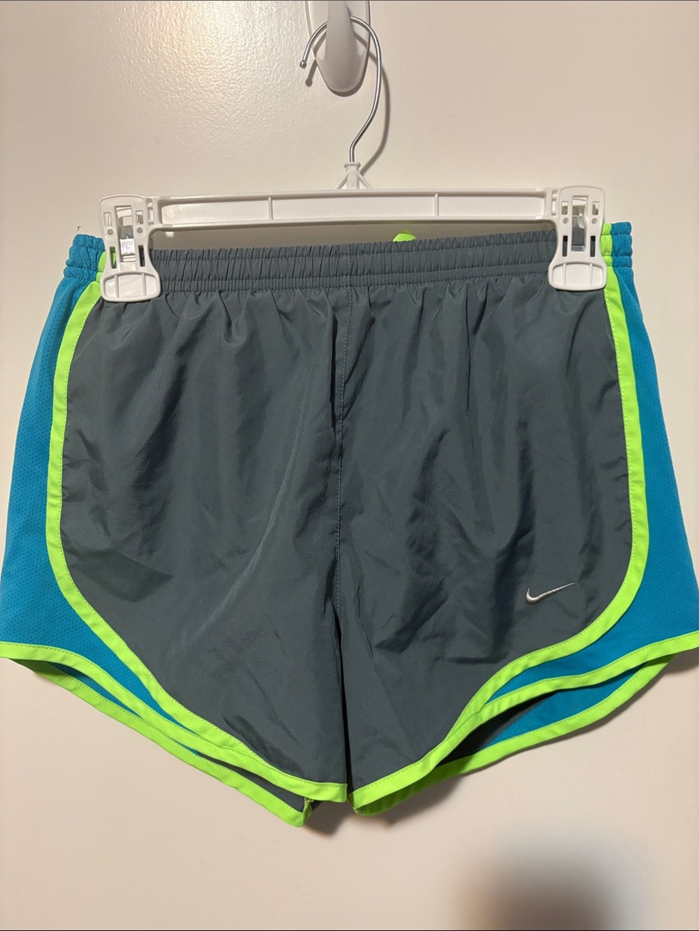 Nike Grey and Teal Women's Running Shorts with Neon Green Trim